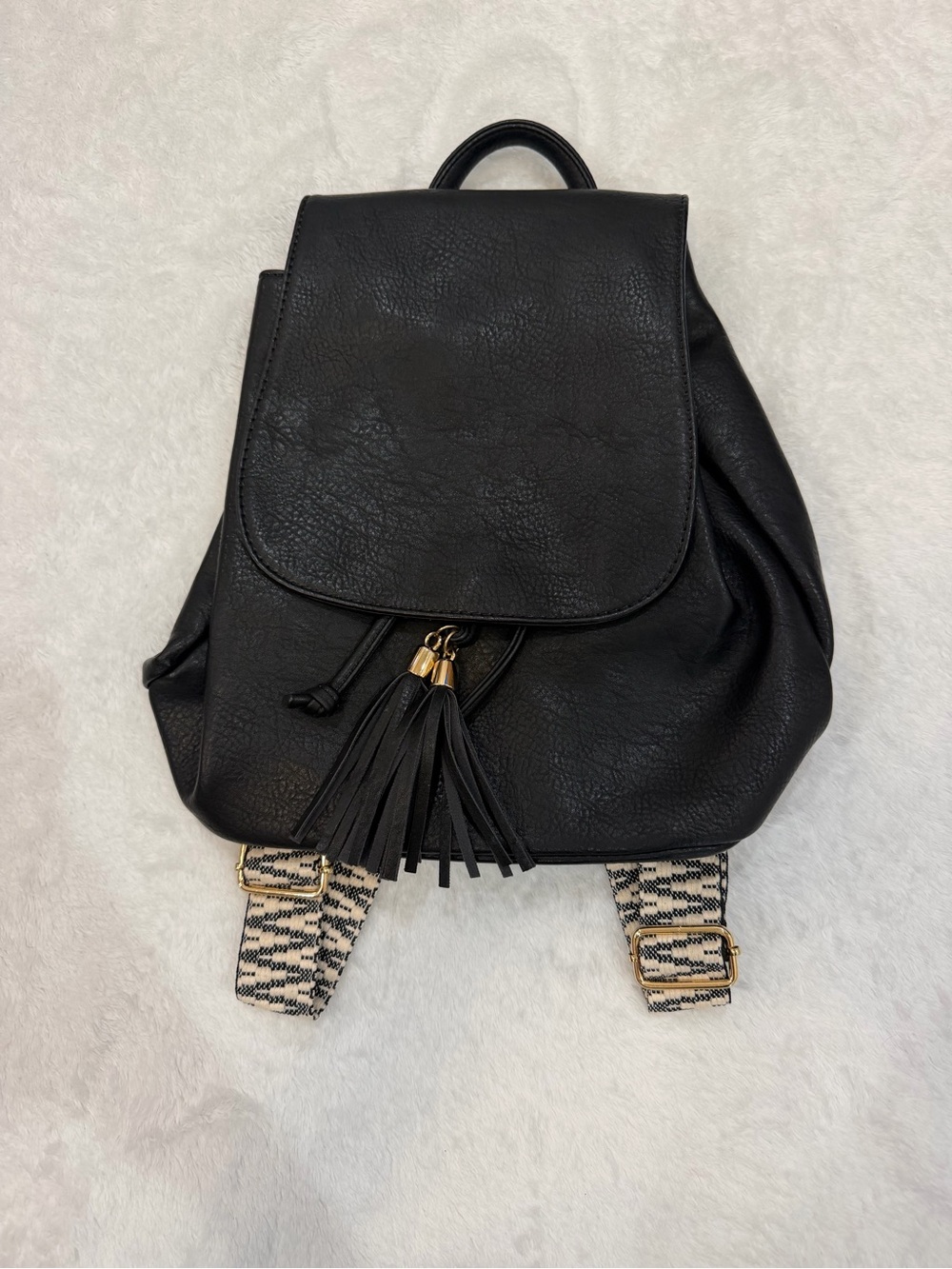 Black Faux Leather Tassel Backpack - Women's Fashion Bag